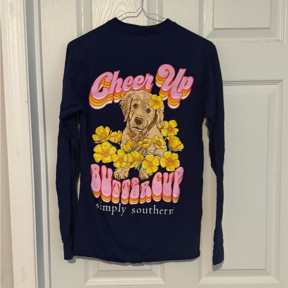 Simply Southern 'Cheer Up Buttercup' Golden Retriever Blue T-Shirt Womens Small